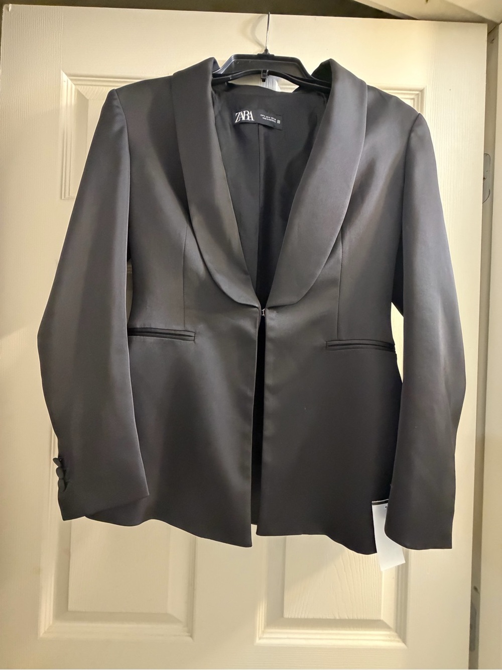 Zara Black Satin-Lapel Tailored Blazer